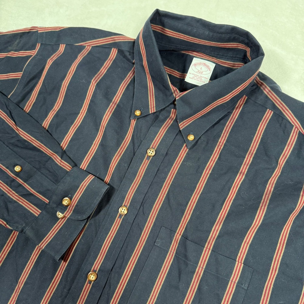 Brooks Brothers Mens Button Down Shirt Navy Red Stripe Long Sleeve Preppy Large